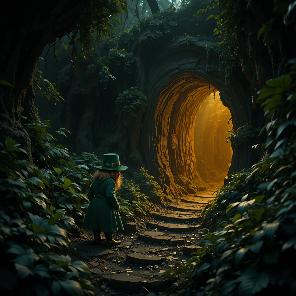 Leprechaun asustado junto a cueva luminosa en jungla densa