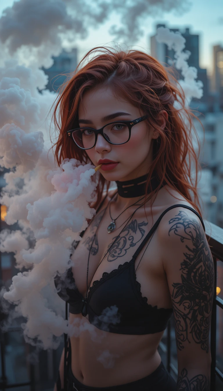 Young girl smoking on a balcony in moody evening light