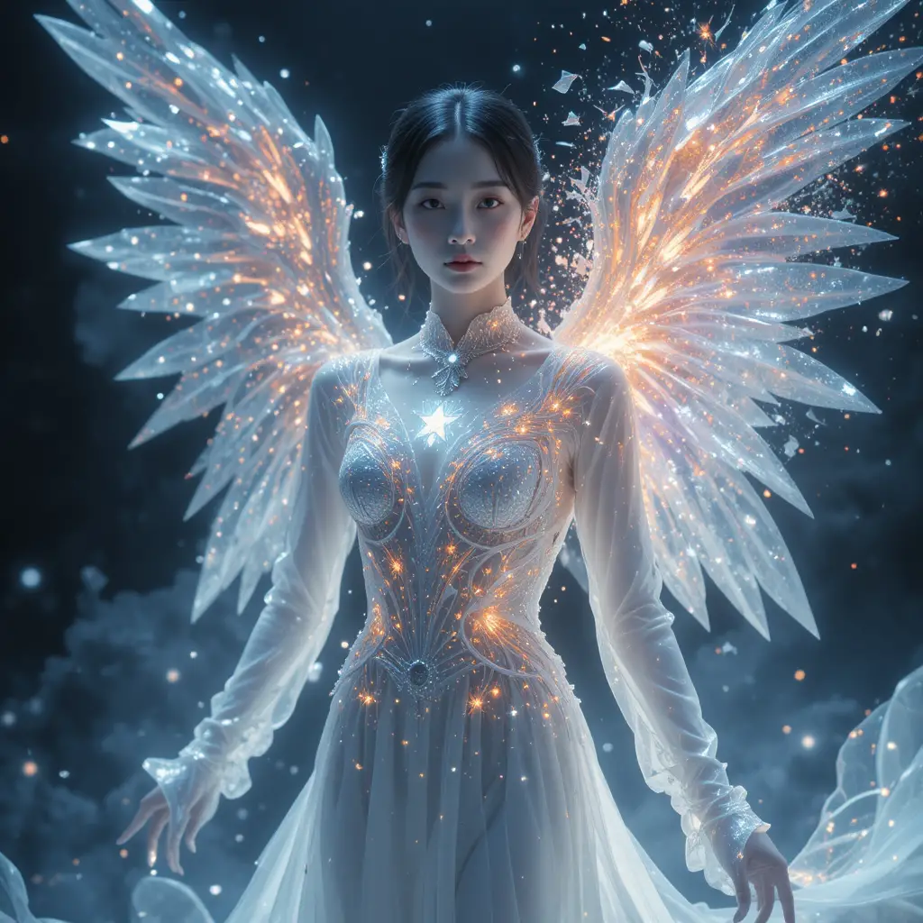Korean woman in radiant light gown with shattering glass violin