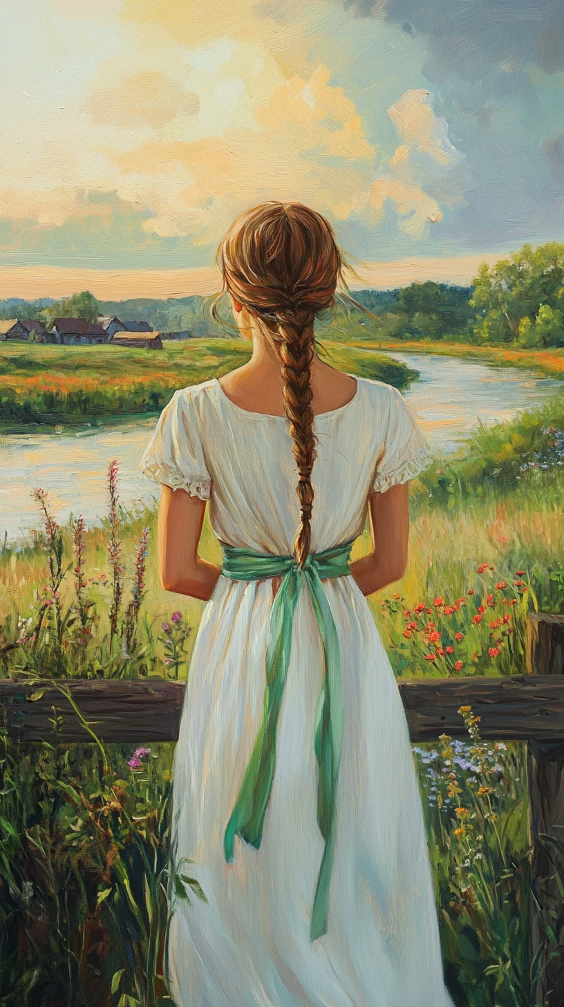 Young woman in white dress by a quiet country river