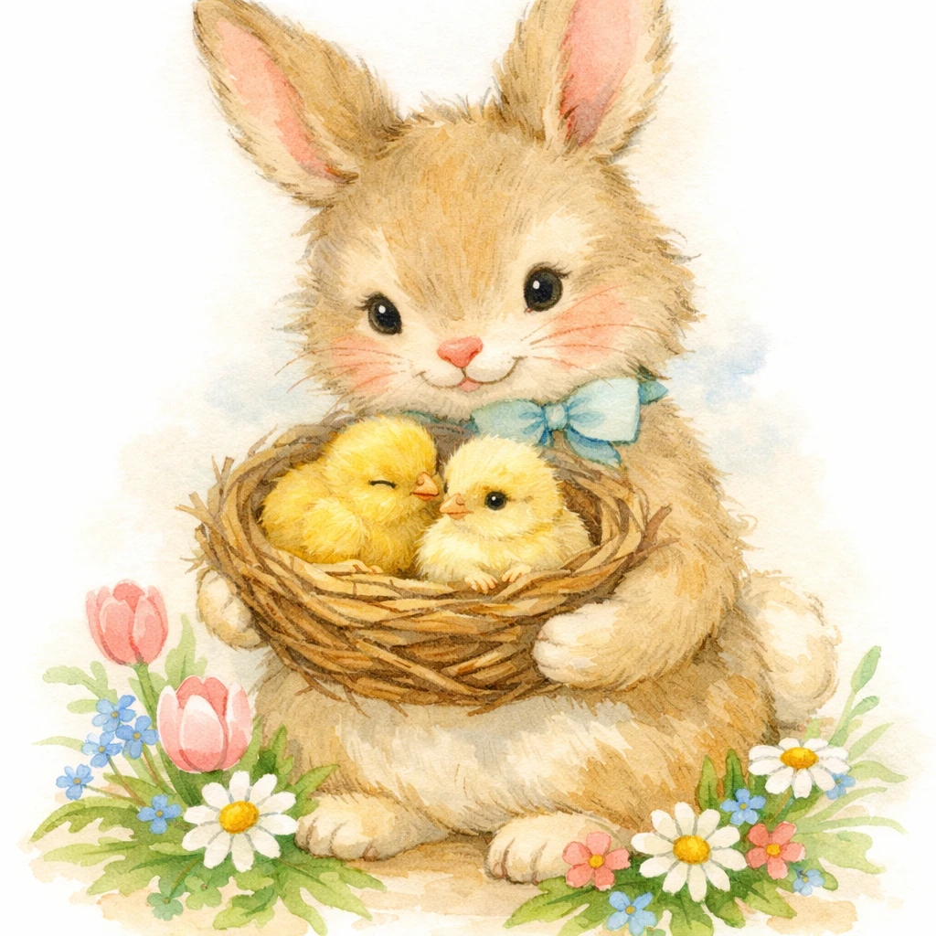 Aquarell-Hase mit Küken in einem geflochtenen Nest