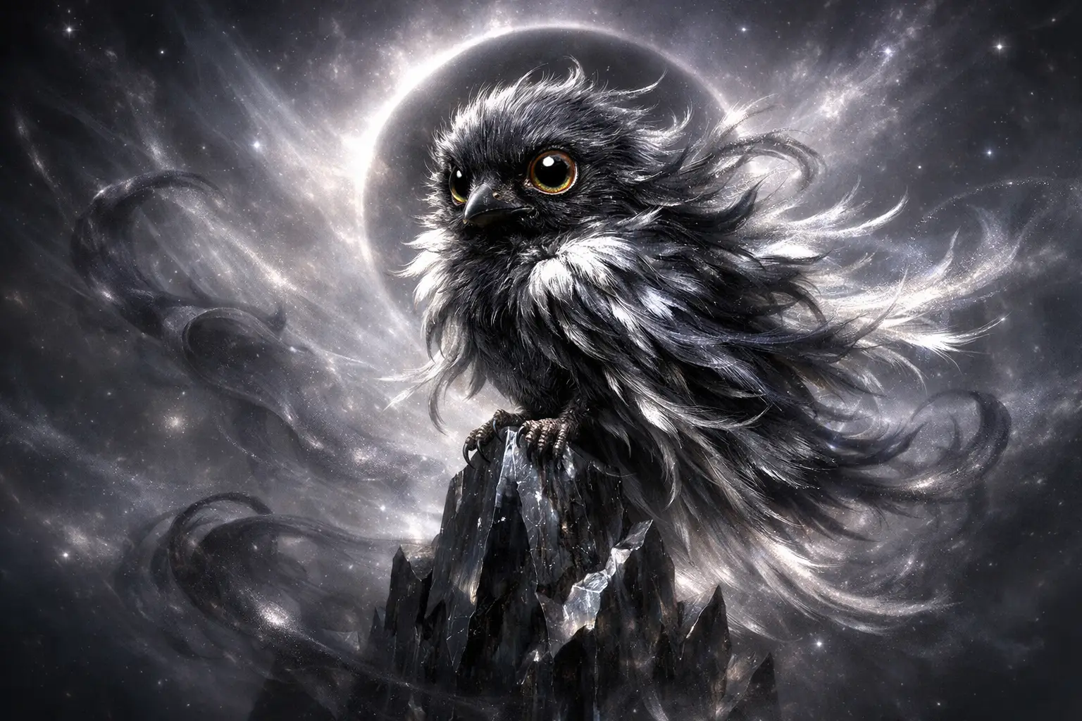 Corbeau d’éclipse nouveau-né perché sur une flèche d’obsidienne flottante