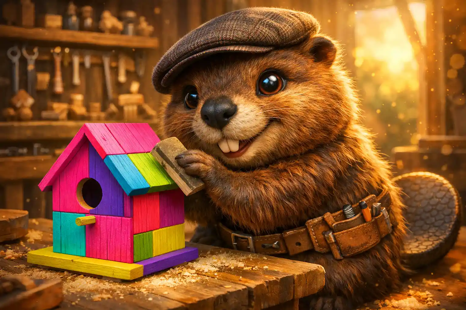 Young beaver sanding a neon painted wooden birdhouse