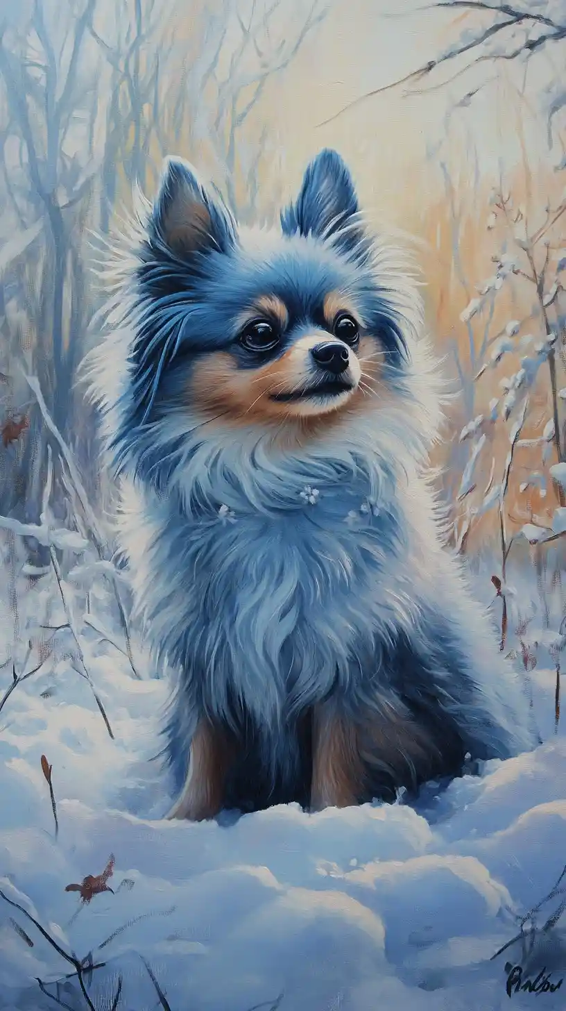 Cane volpino di Pomerania dai peli blu seduto nel paesaggio innevato
