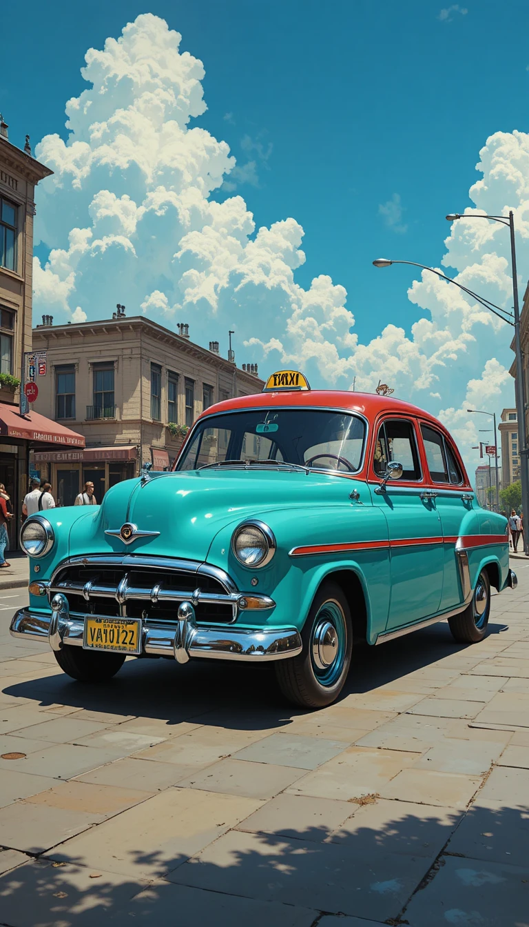 Turquoise vintage taxi on a sunny city street