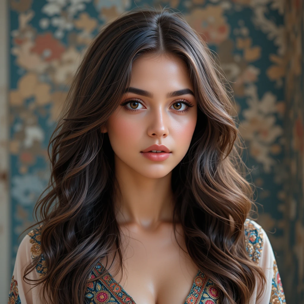 Middle eastern woman in traditional dress with wavy highlighted hair