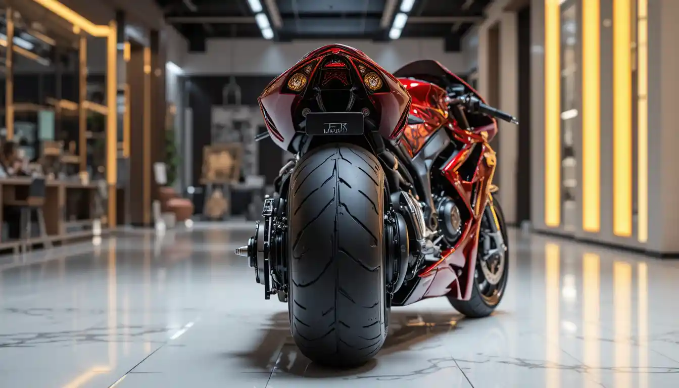 Moto rouge aérodynamique dans un showroom de luxe brillant