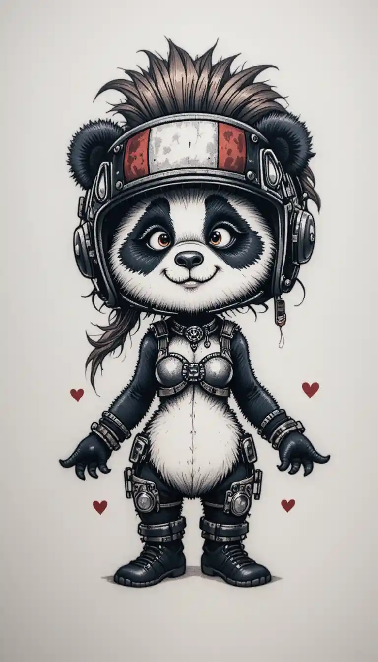 Panda motorista juguetona en dibujo animado en blanco y negro simple