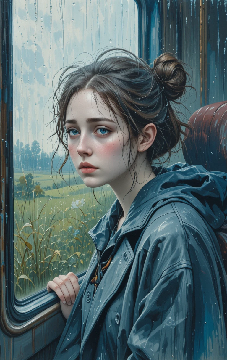 Melancholic girl on a rainy train in watercolor painting
