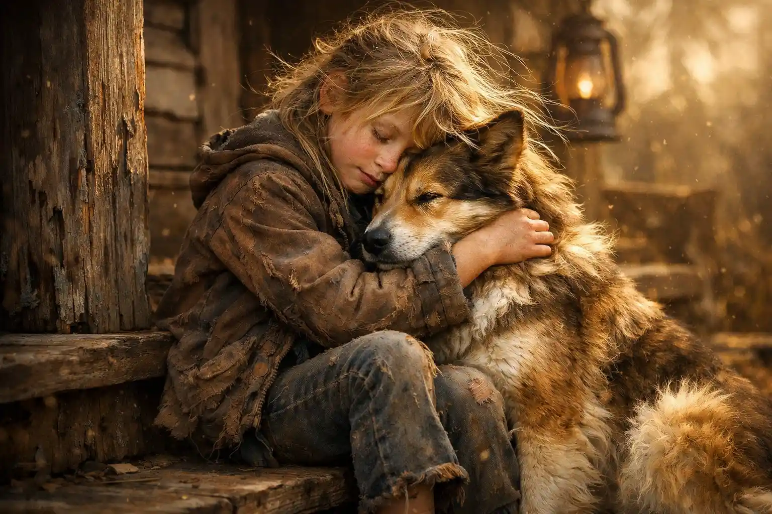 Young girl hugging her dog on an old rural porch