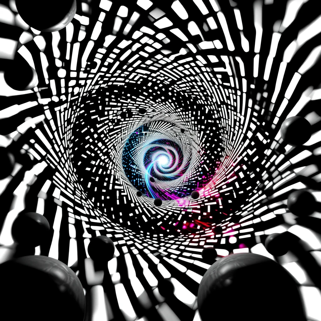 Psychedelic spiral swirling through monochrome abstract space