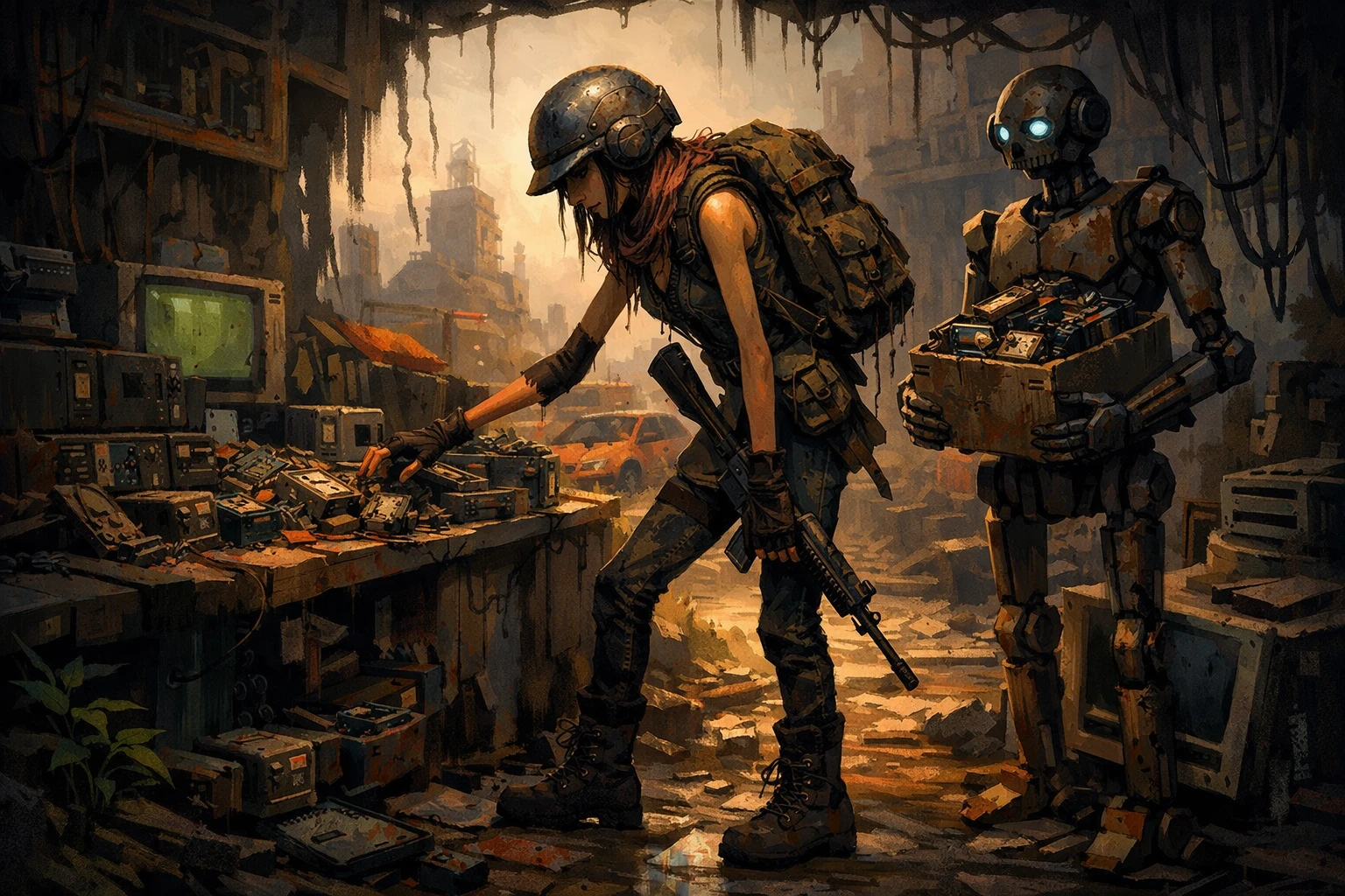 Woman scavenger and droid in a post apocalyptic wasteland