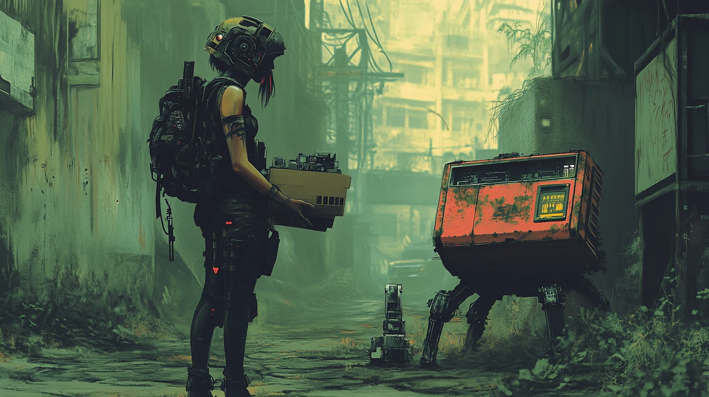 Femme armée et droïde dans un désert post-apocalyptique