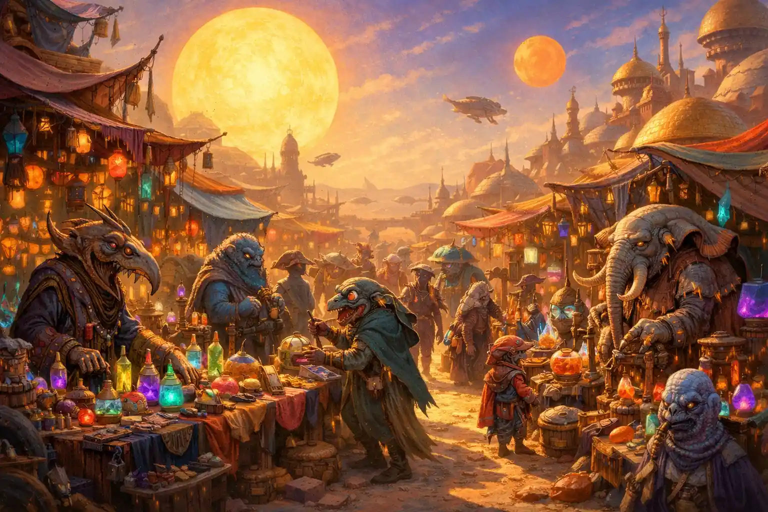 Alien bazaar under twin suns in a vibrant desert town