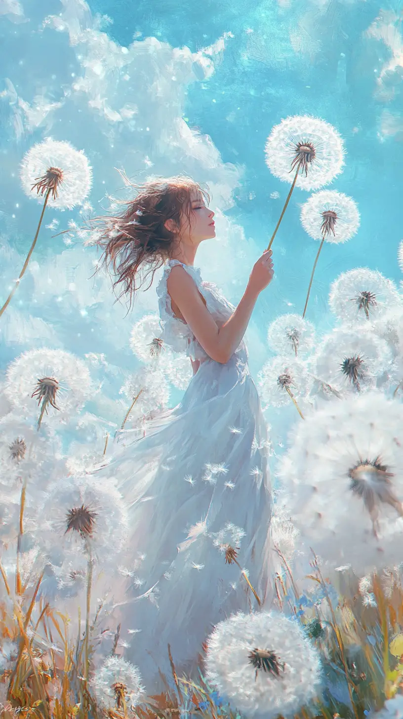 Young woman in white dress in dreamy dandelion field