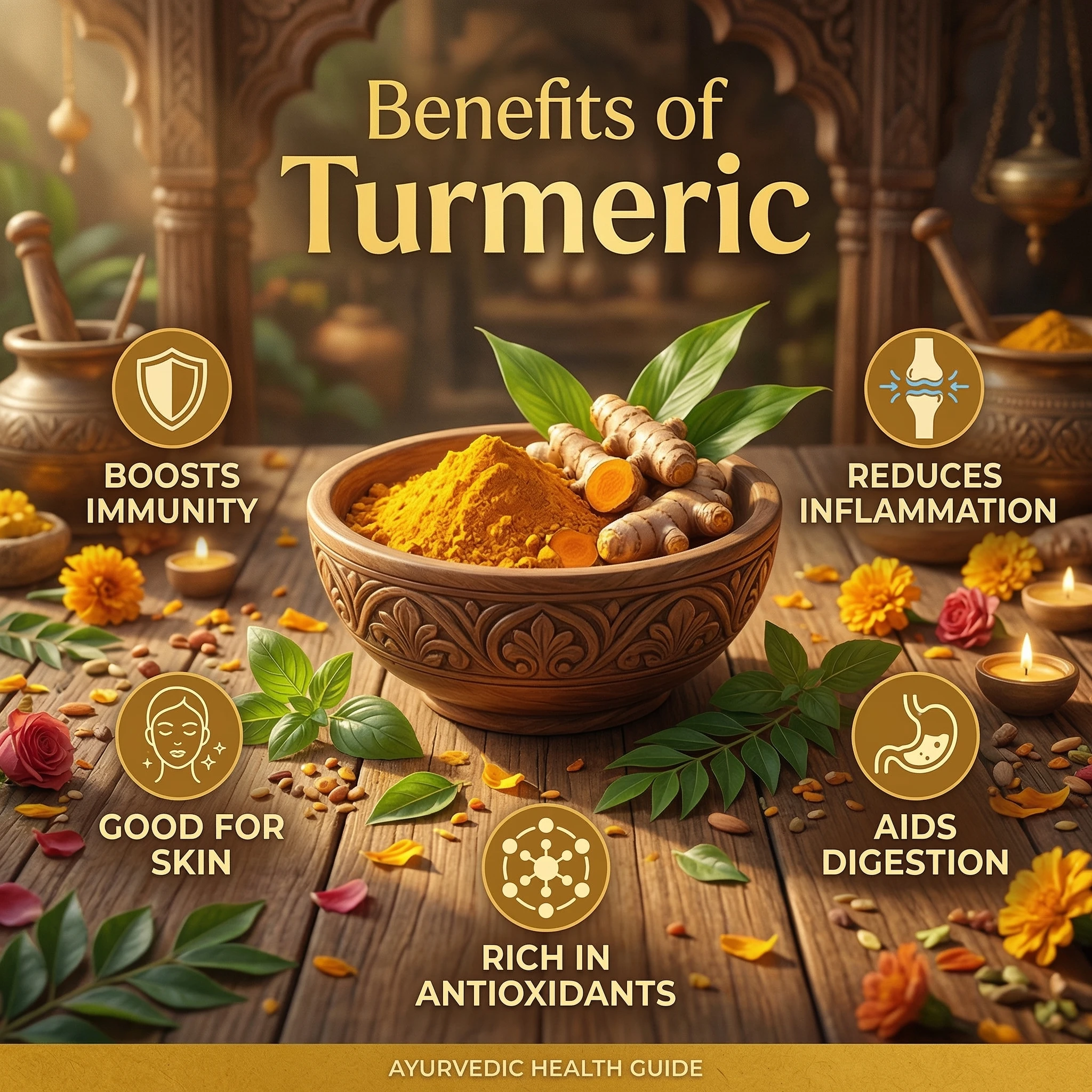 Fresh turmeric roots and powder on wooden table