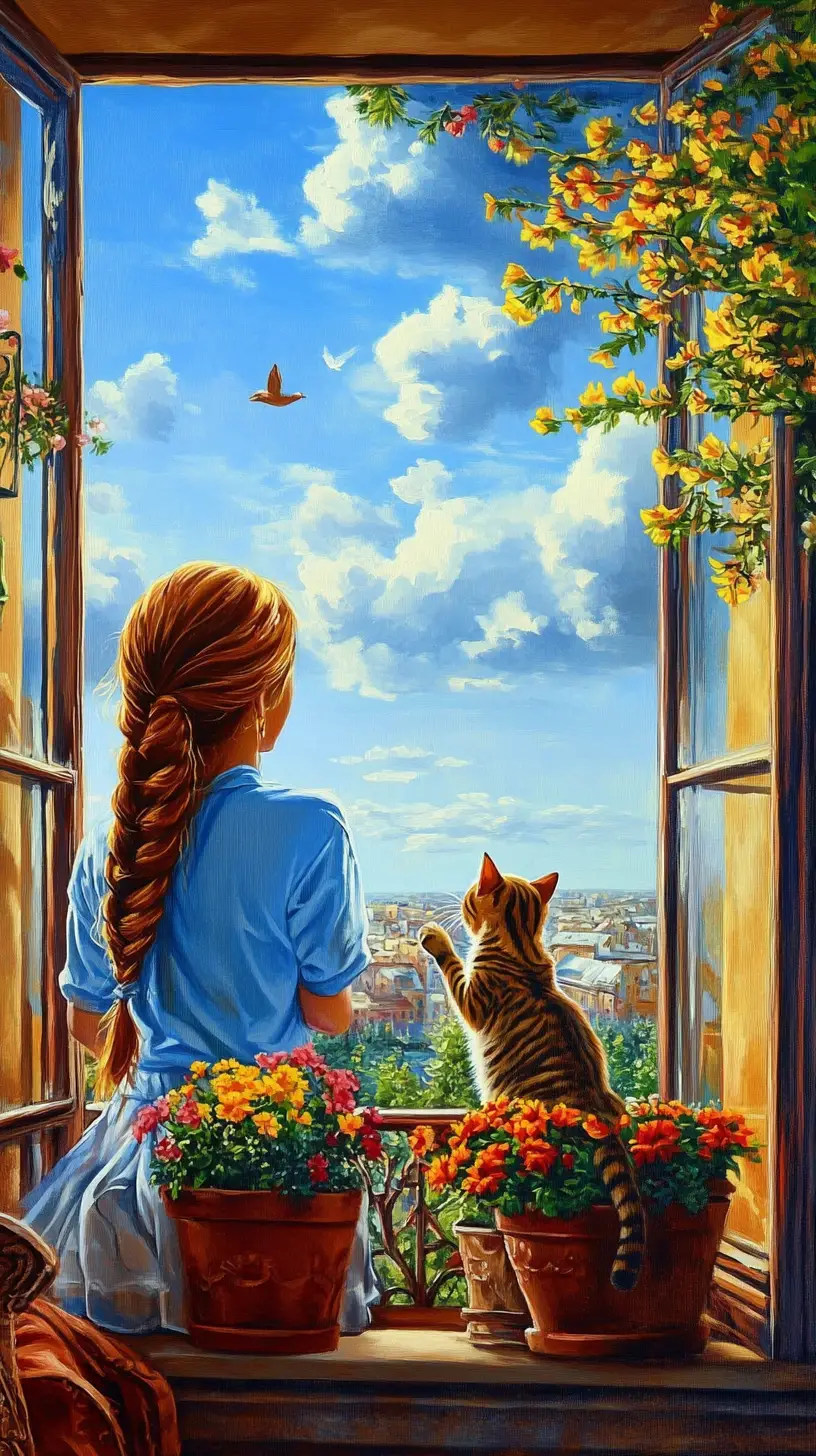 Girl And Cat On A Sunny City Balcony Illustration