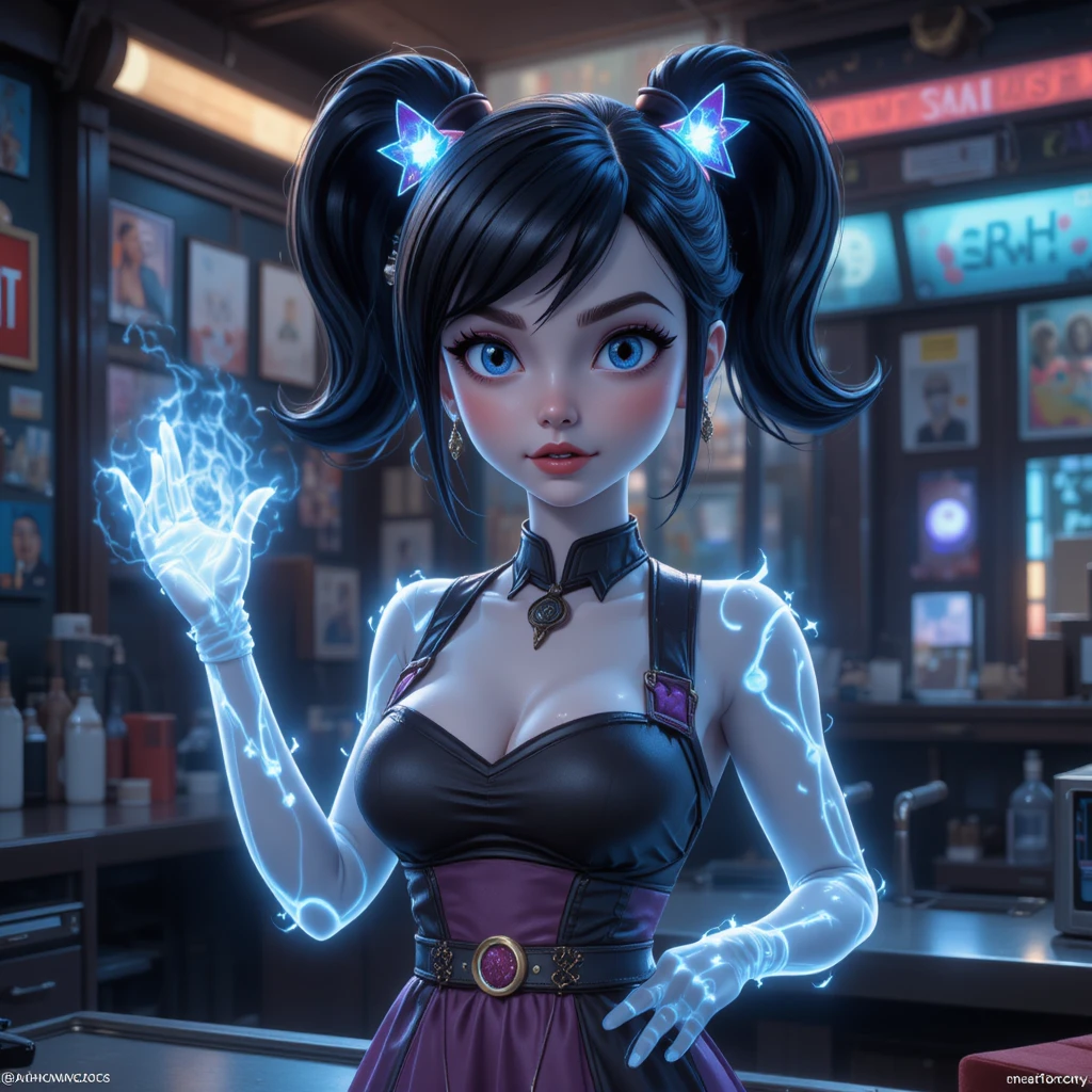 Animated sci fi woman hologram waitress in futuristic city