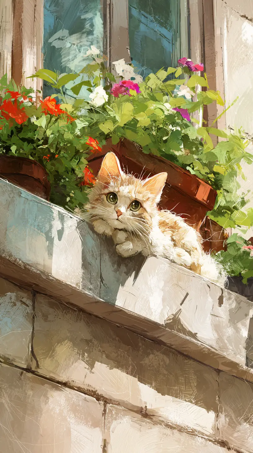 Scruffy Cat Resting On Sunny Window Ledge With Flowers