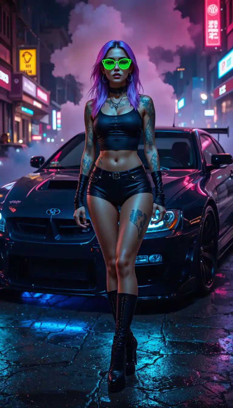 Cyberpunk woman posing by neon street racing car