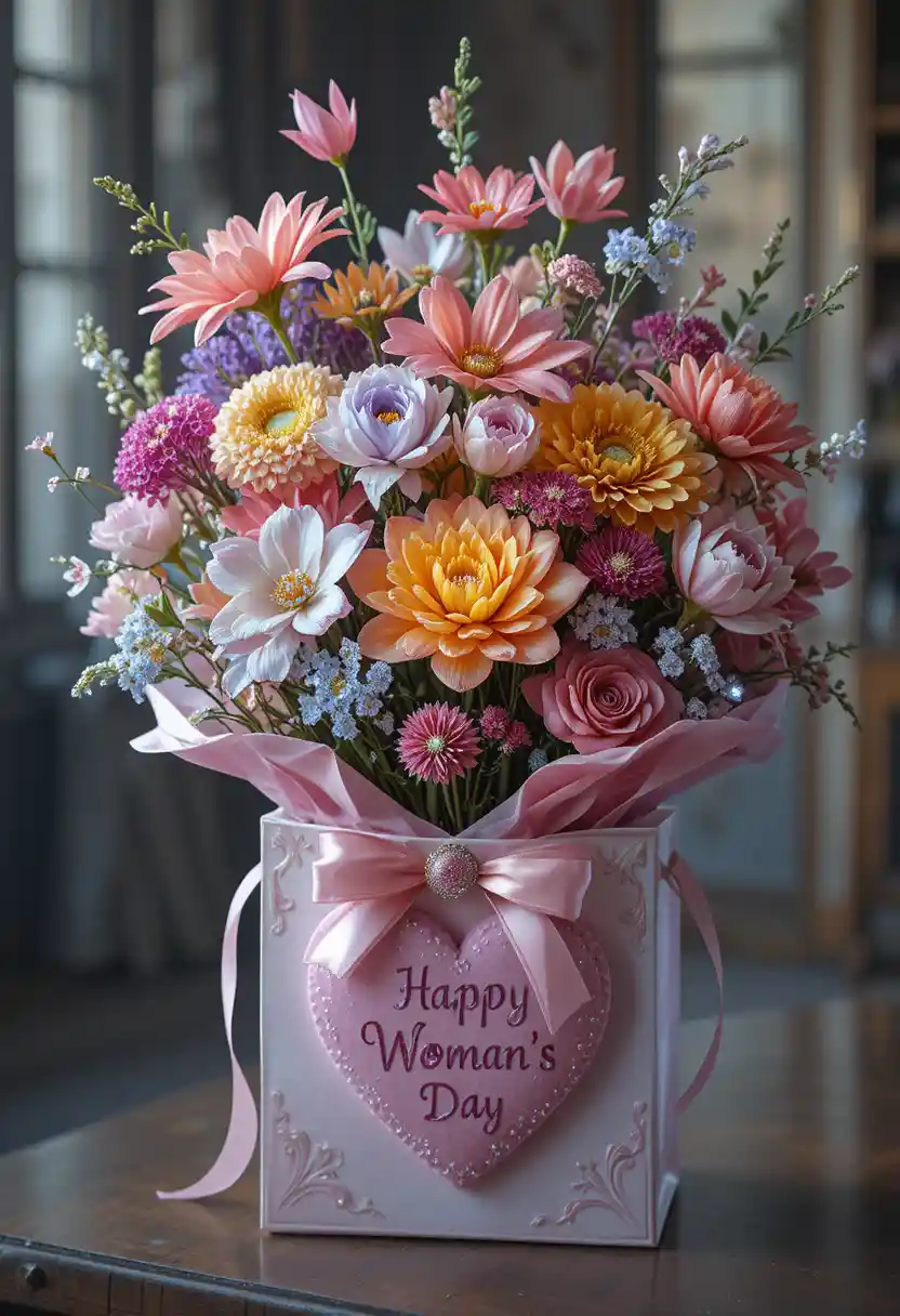 Buquê de flores de cristal em sacola de presente para o Dia da Mulher