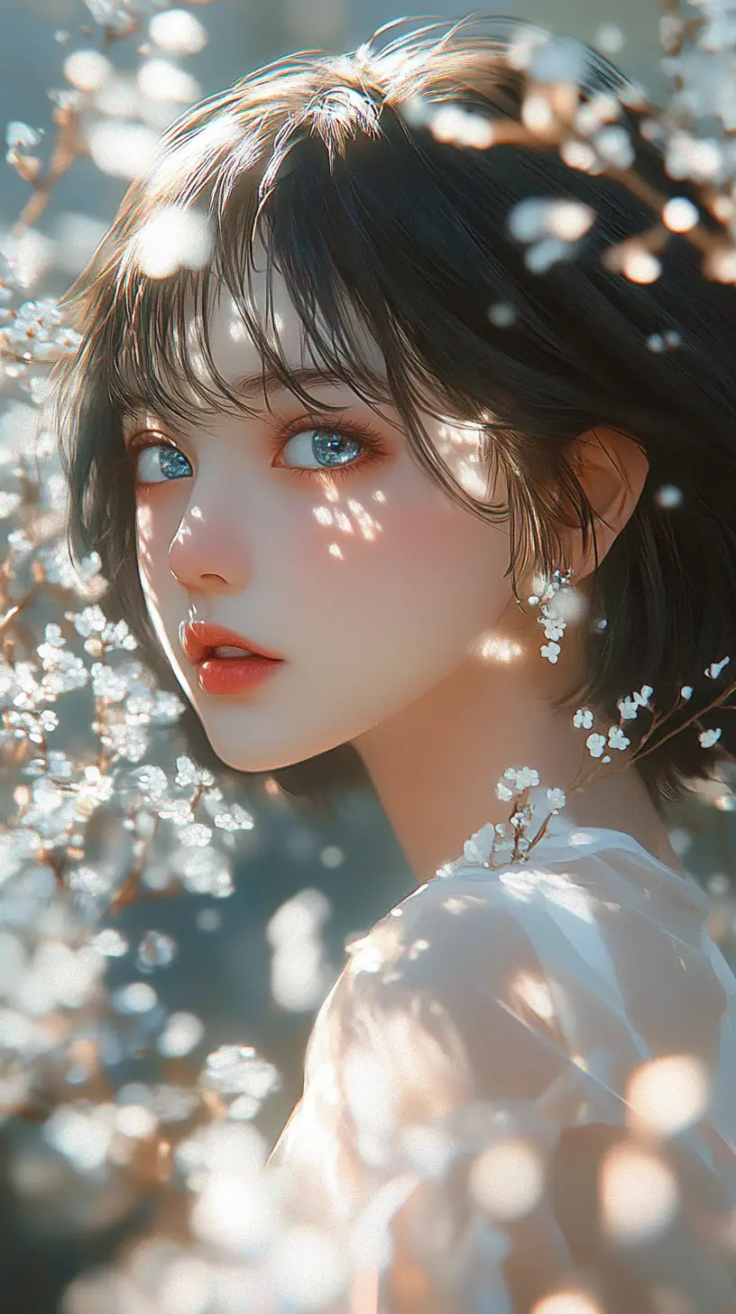 Anime girl portrait with flowers and shimmering light
