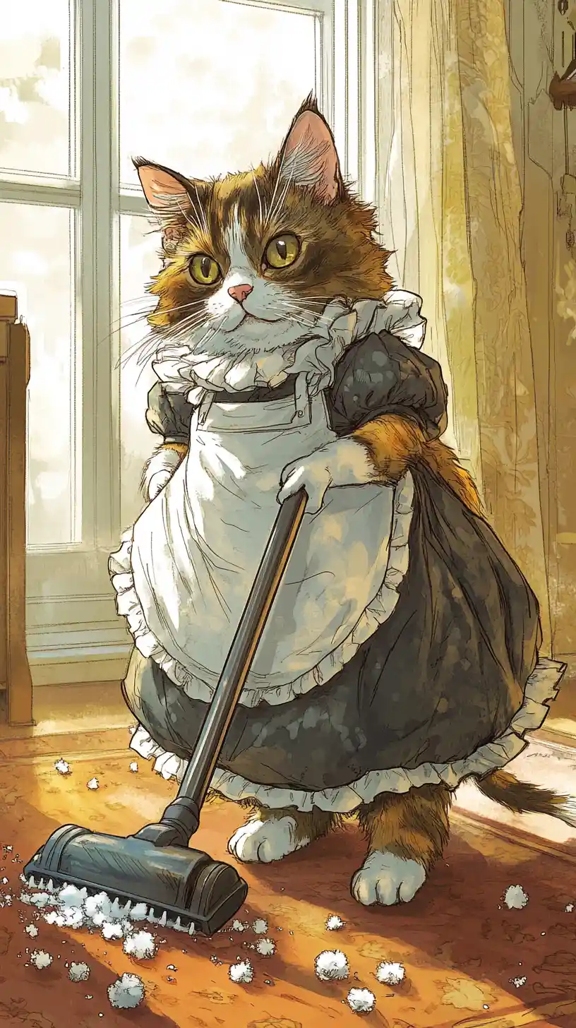 Calico Cat Maid Vacuuming In Sunlit Comic Illustration