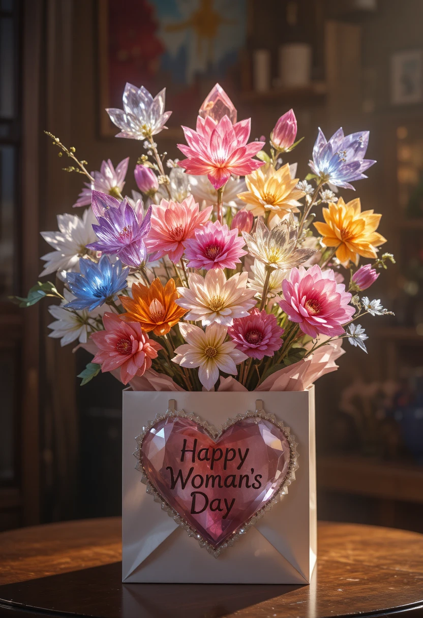 Buquê de flores de cristal em sacola de presente para o Dia da Mulher