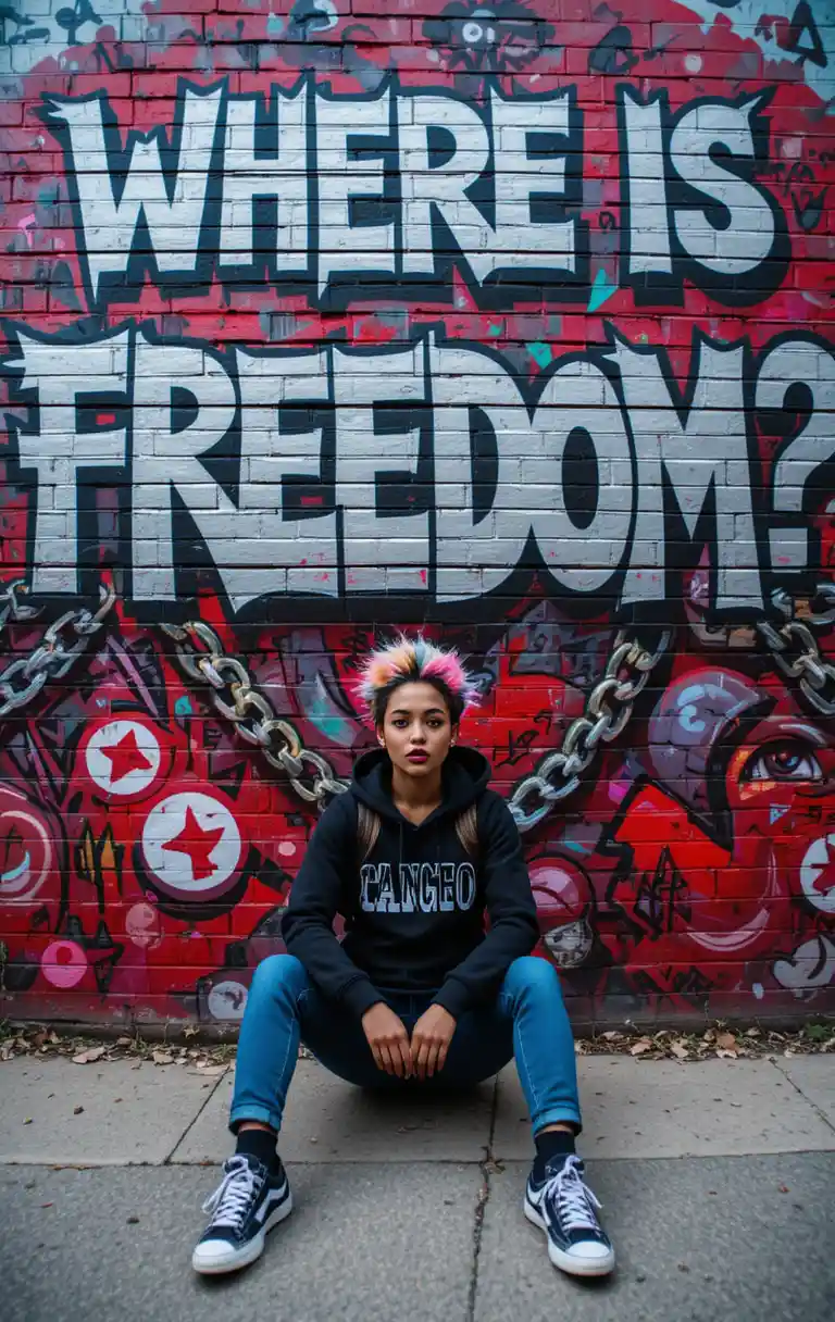 Street artist resting under a bold freedom graffiti mural