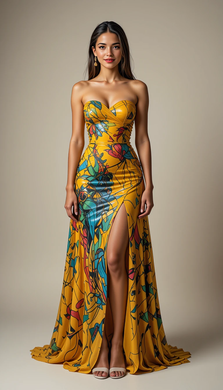 Confident young woman in turquoise sequin evening gown