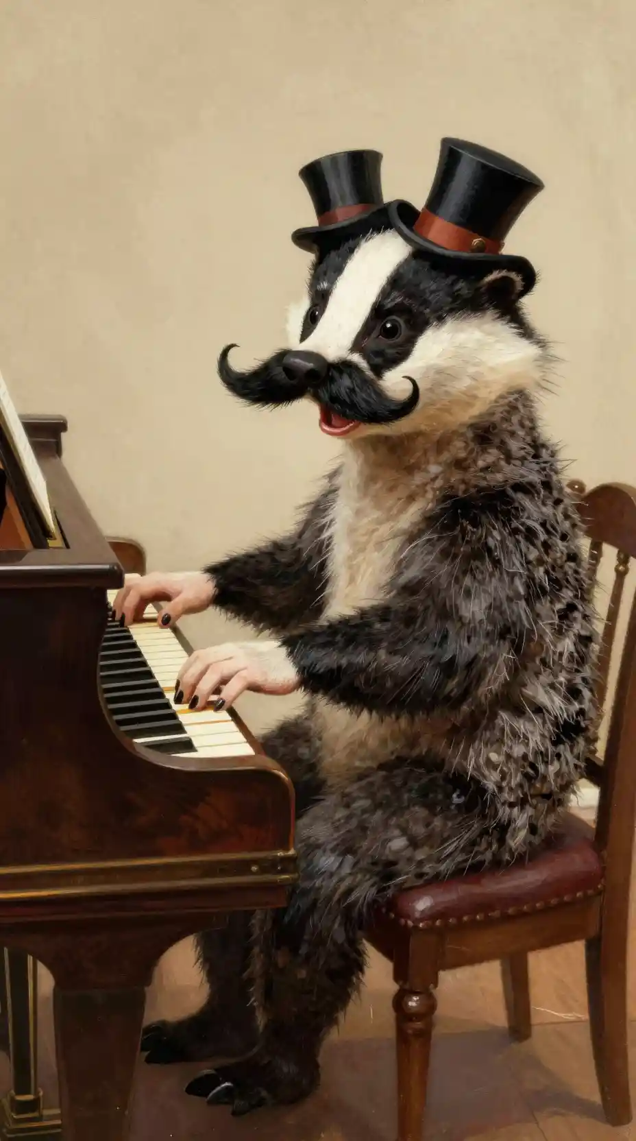 Playful badger with mustache playing a grand ornate piano