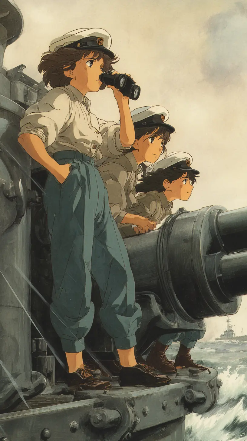 Anime girls operating a massive naval cannon at sea