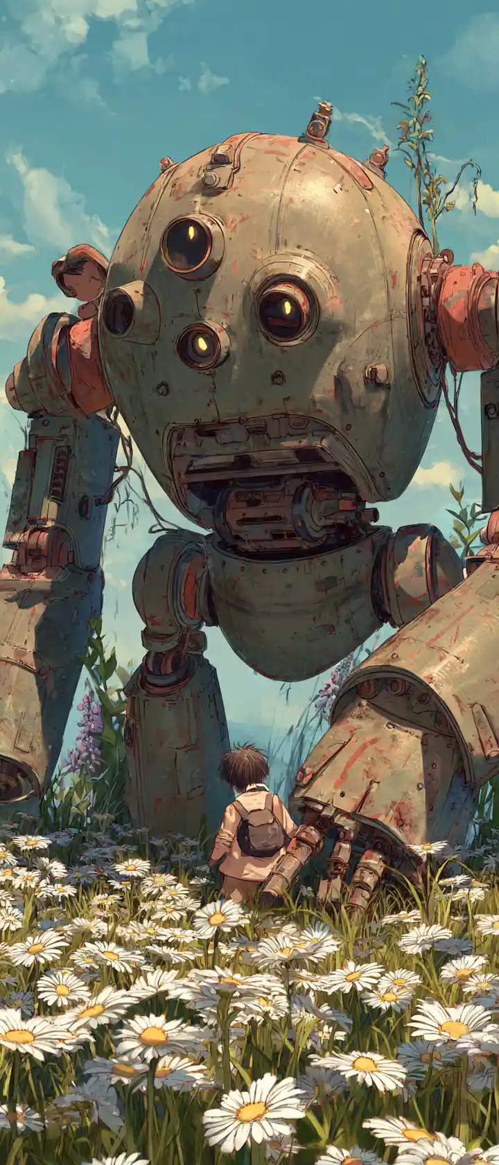 Giant kneeling mecha in a field of daisies at dawn