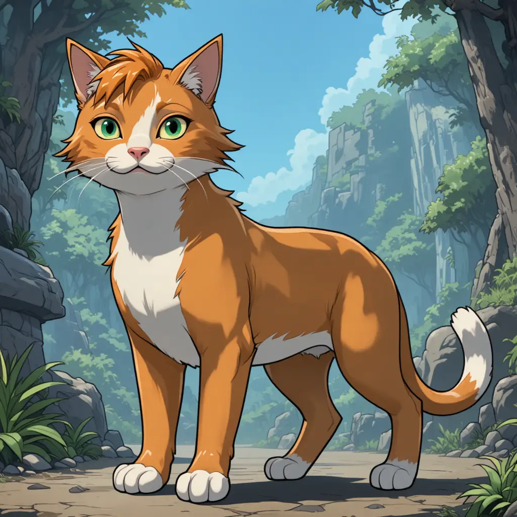 Animated orange and white cat in a wild jungle setting