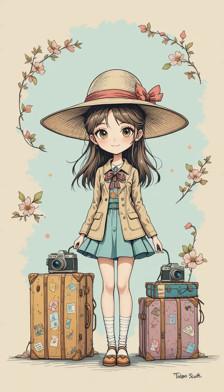極簡抽象背景上的卡通行李箱與旅行圖示