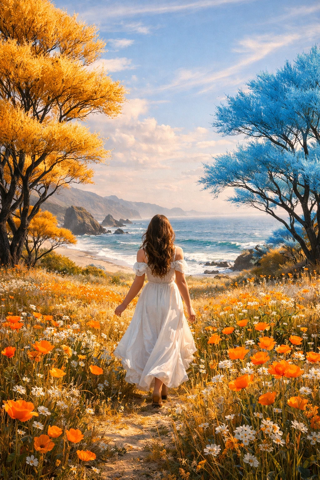 Serene maiden walking through a dreamlike meadow at sunset