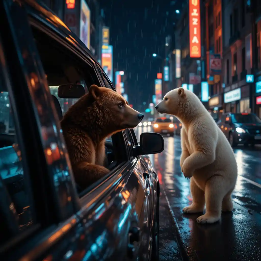 Orso bruno che viaggia in taxi nella strada cittadina notturna