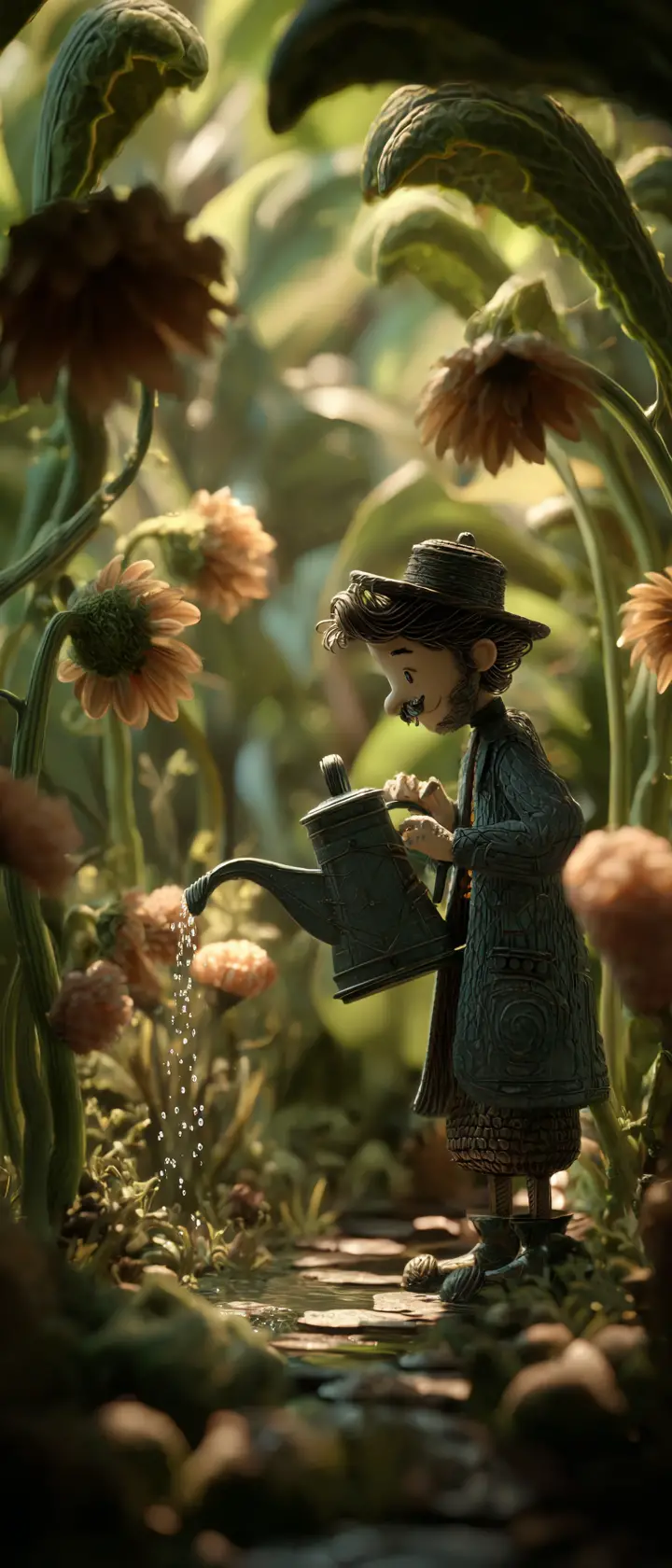 Elderly man watering living toy flowers in secret garden