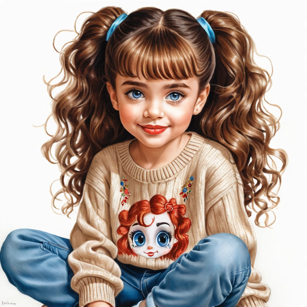 Niña sonriente con vaqueros rotos en dibujo a lápiz estilo caricatura