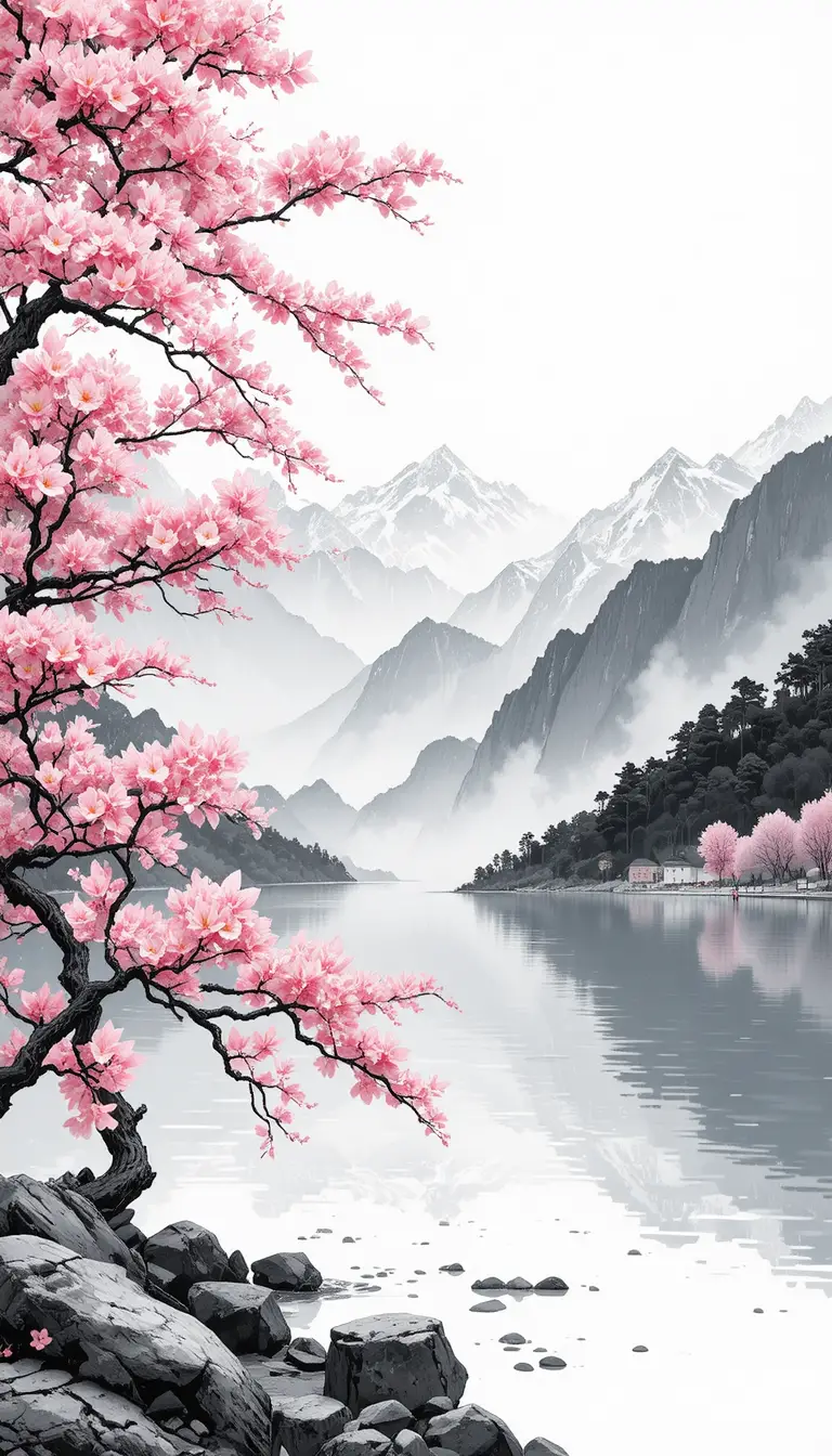 Cherry blossoms by a quiet lake with distant mountains