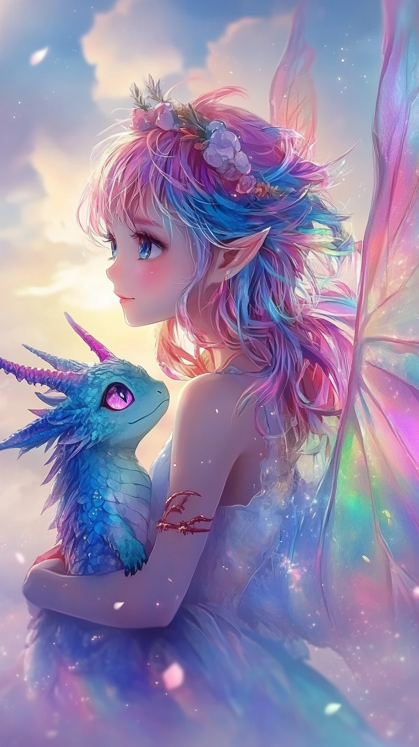 Fille fée d’anime avec petit dragon sous un ciel de rêve