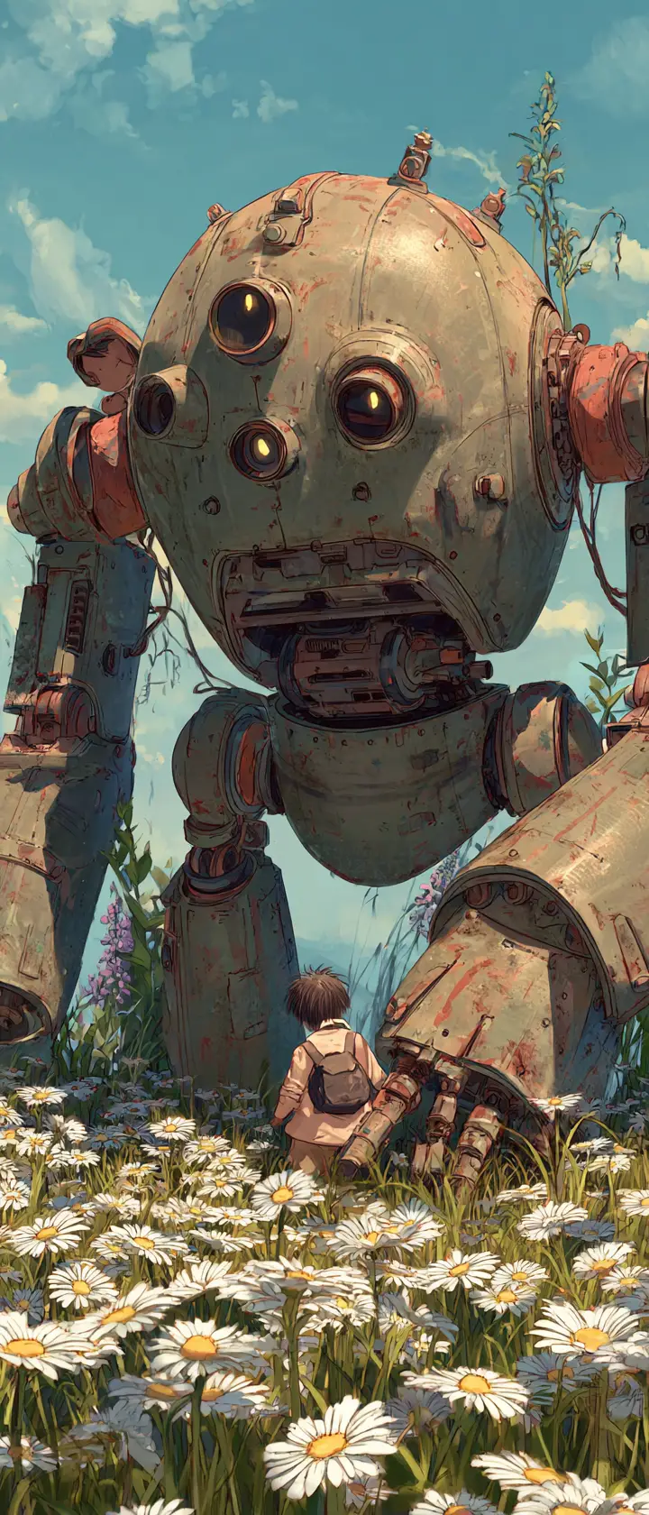 Giant kneeling mecha in a field of daisies at dawn