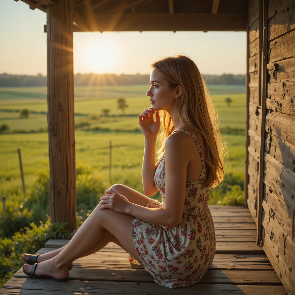 Young farmer gazing over sunlit midwest fields at sunrise