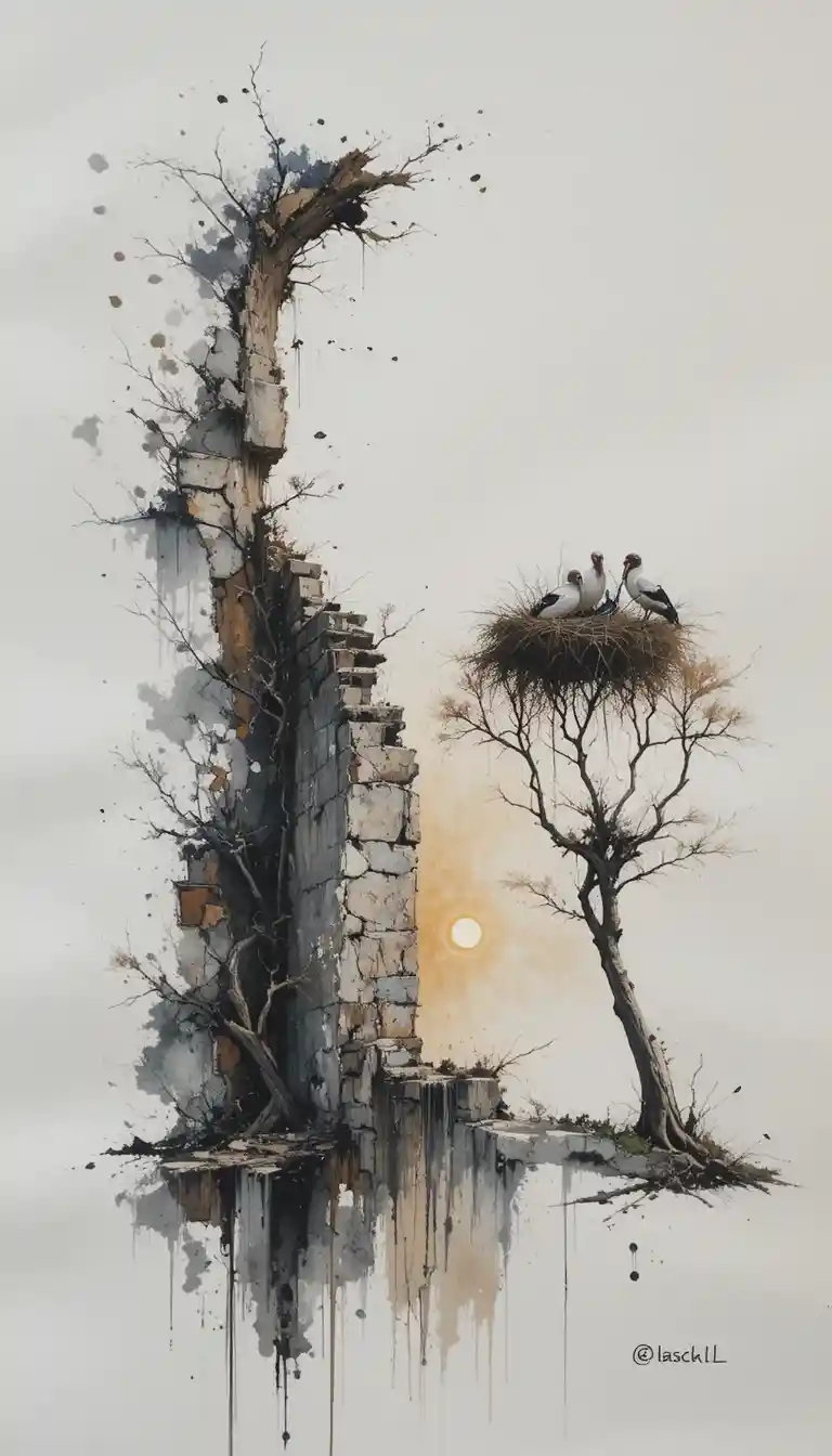 Aquarell-Störche auf einem krummen Baum bei Sonnenaufgang