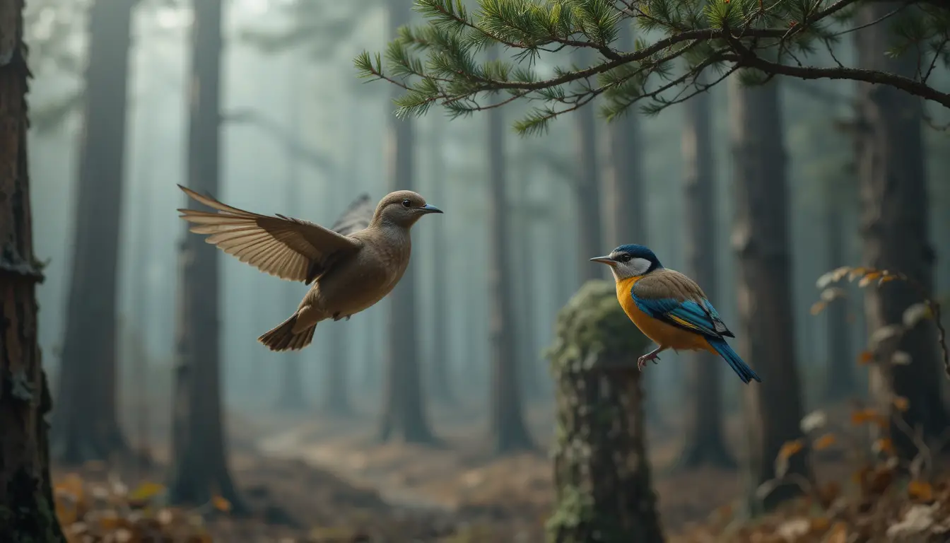 Two small birds in mid flight over a misty forest path