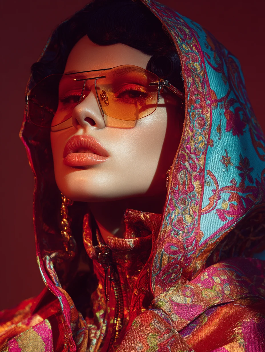 Close up fashion portrait of a hooded model in silk gown