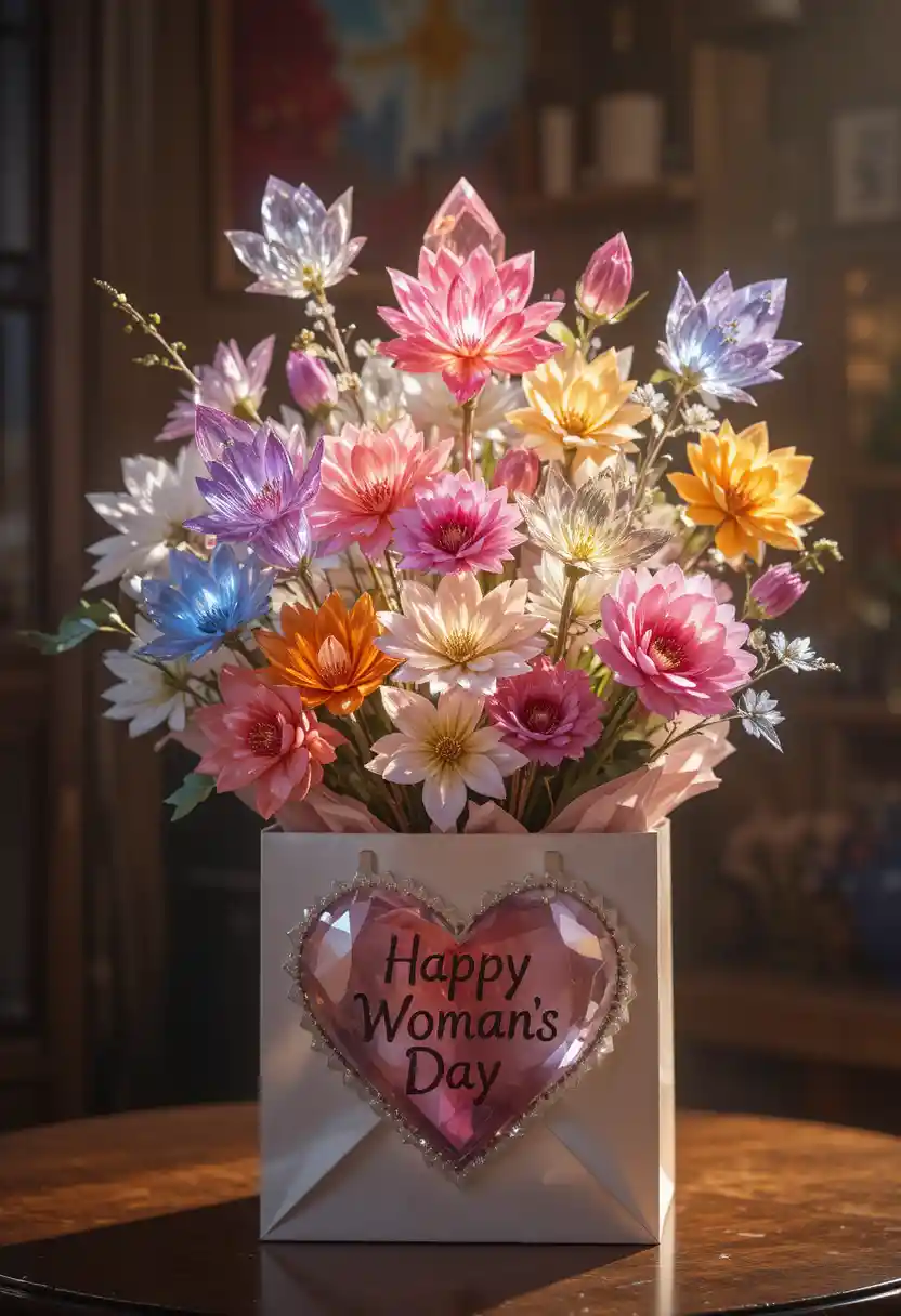 Buquê de flores de cristal em sacola de presente para o Dia da Mulher