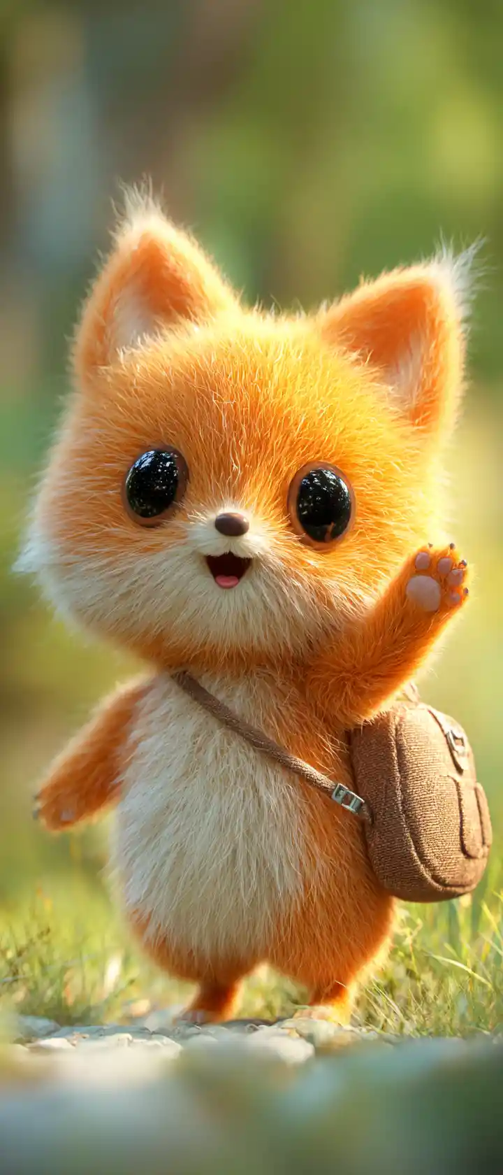 Cute 3D orange fox mascot waving in sunny meadow