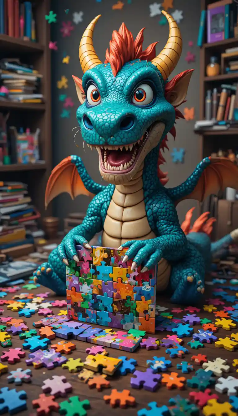 Dragon enjoué assemblant un puzzle coloré