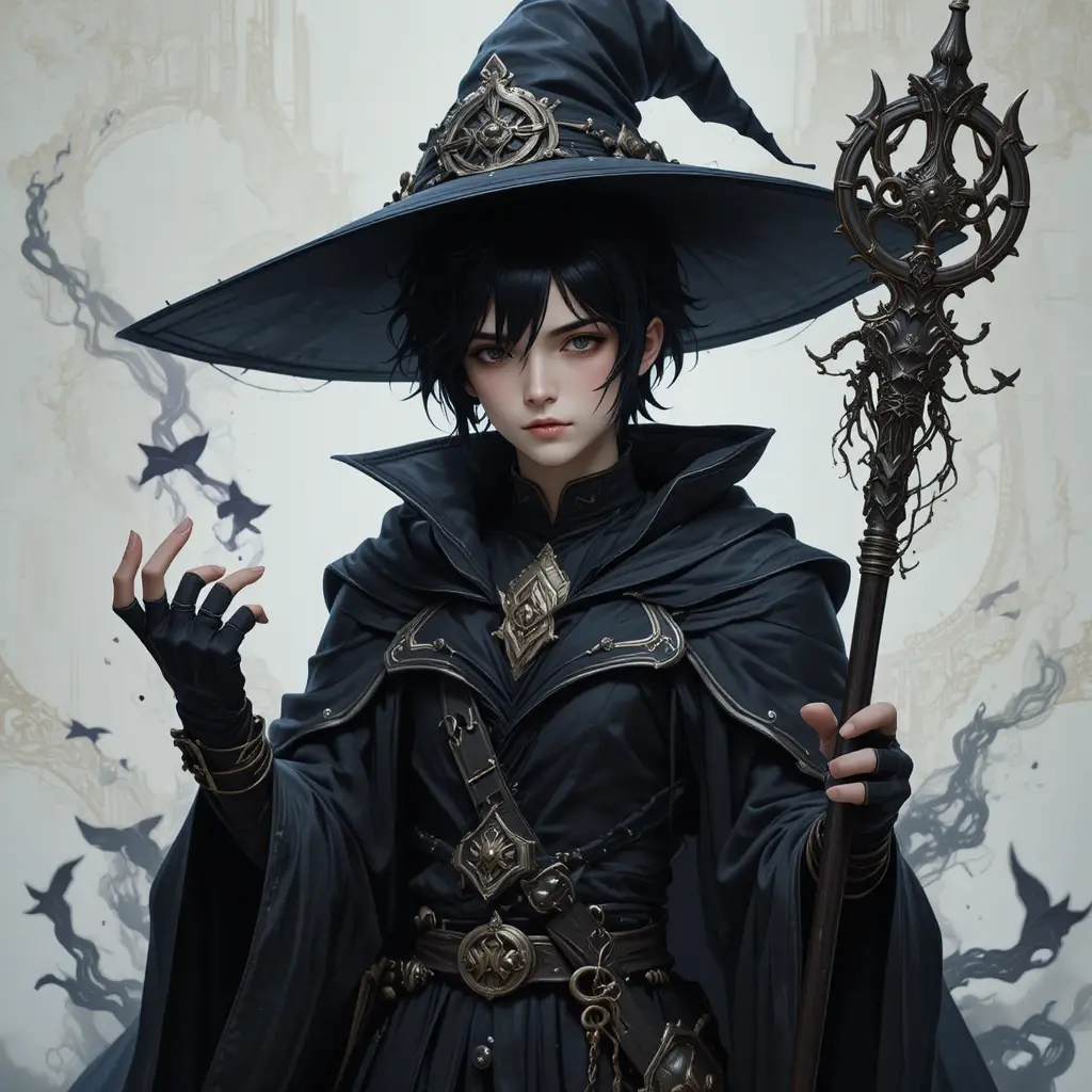 Young dark mage with staff amid glowing magical symbols